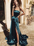 Straps Dark Green Satin Prom Dress with Slit LBQ0599